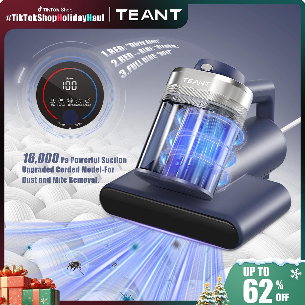 Teant Mattress Vacuum Cleaner for Dust Mites Removal, Bed Vacuum with UV-C Light & 149℉ Hot Air & Aroma Tablet & LED Display, Hyper Helix Motor&16Kpa Powerful Suction Double-Cup Handheld Vacuum Cleaner With HEPA Filter for Bed Couch Sofa