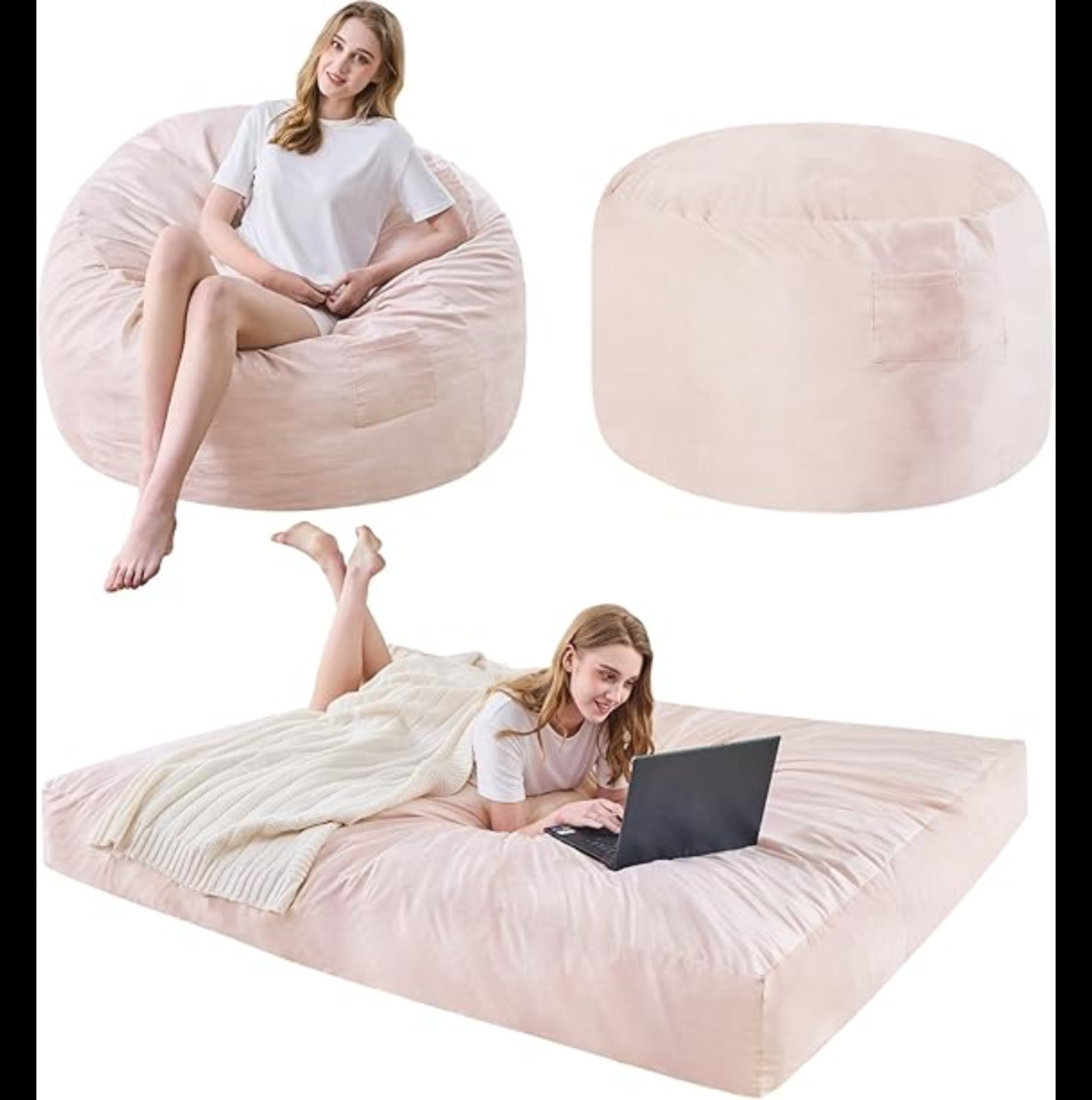 Adult bean bag chair - Large bean bag chair that can be converted into a bean bag bed - Bean bag chair with microfiber cover and furniture foam filling - Floor-standing sofa for bedroom or dormitory room - All in pink