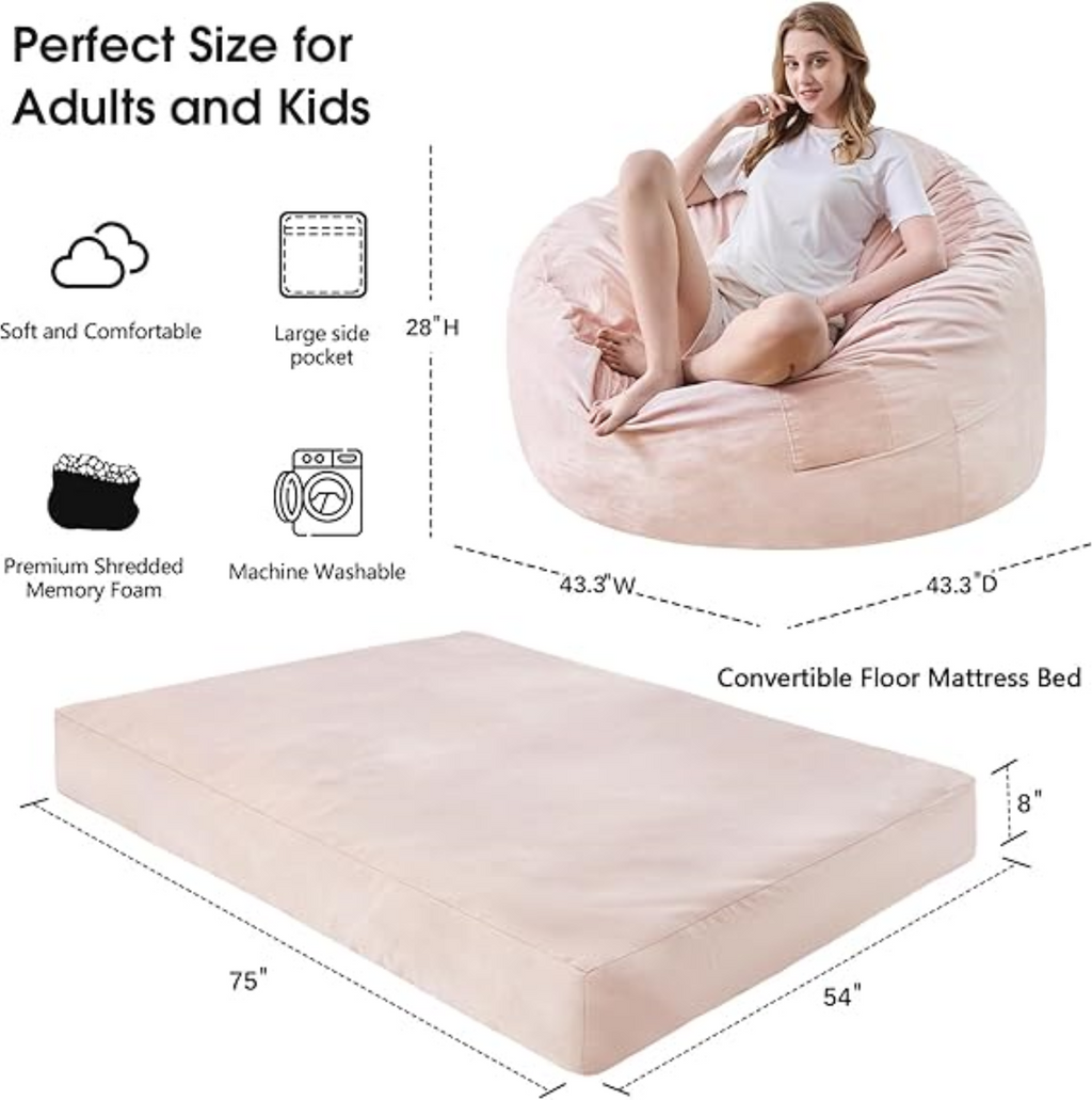 Adult bean bag chair - Large bean bag chair that can be converted into a bean bag bed - Bean bag chair with microfiber cover and furniture foam filling - Floor-standing sofa for bedroom or dormitory room - All in pink